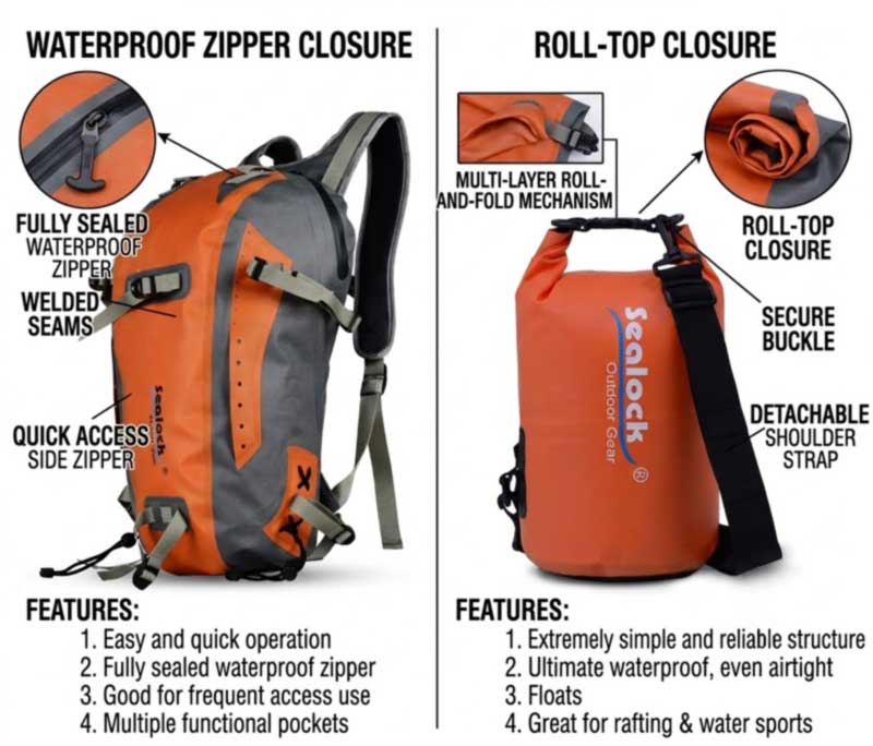 Roll Top vs Waterproof Zipper Camping Bags kanggo Projects OEM