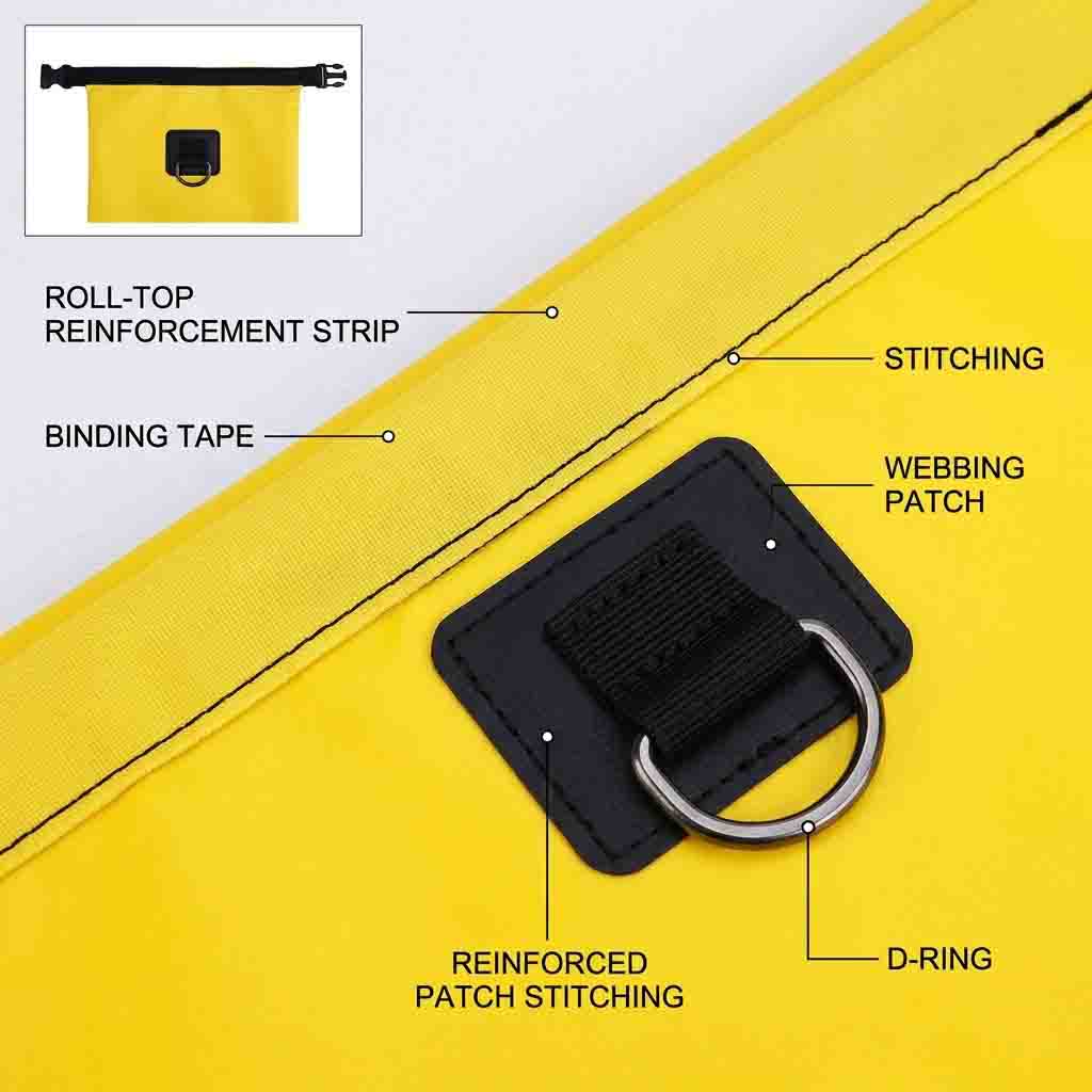 Roll-top stiffener bar binding and stitched D-ring webbing patch on a dry bag panel