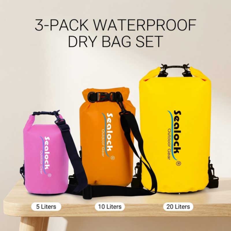 Retail three-pack of 5L 10L and 20L dry bags in contrasting colours